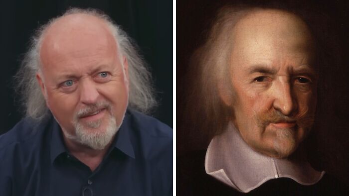 Comedian Billy Connolly with white hair and beard next to a historical portrait of a man with similar hair in a black collar, highlighting celebrities playing historical counterparts.