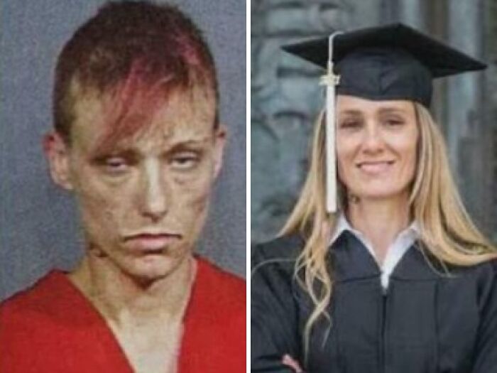 Before and after transformation of a woman, highlighting a heartwarming story of change and hope.