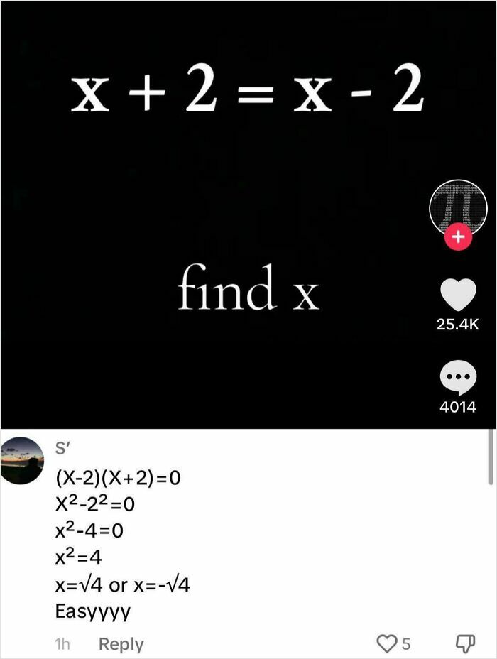 Algebra problem from TikTok screenshot with a solution comment, illustrating smart math concepts and problem solving.