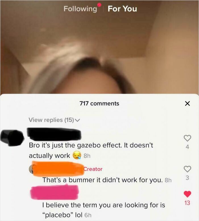 TikTok screenshot showing a comment thread discussing the gazebo effect and correcting it to placebo effect.