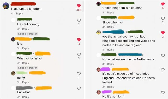 TikTok screenshots showing a debate about whether the United Kingdom is a country or made of four countries.