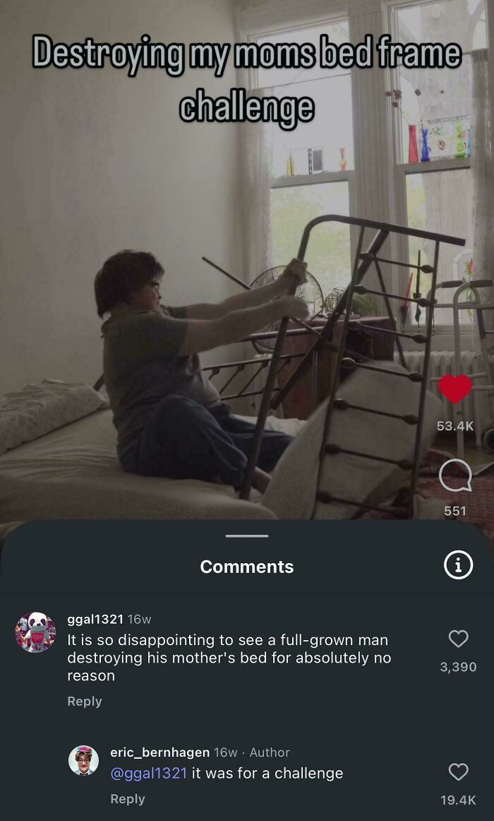 Person sitting on a bed attempting to break a metal bed frame with humorous comments shown below, highlighting viral comments.