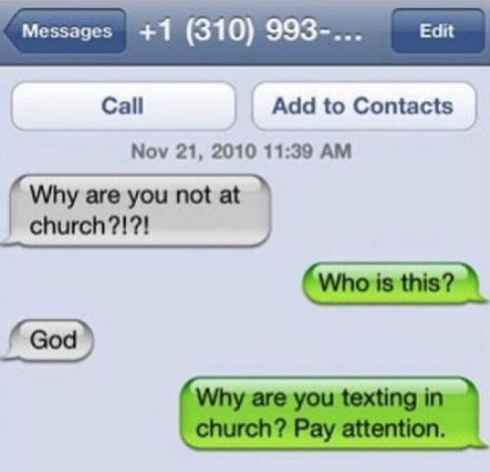Screenshot of a funny text conversation joking about texting during church, illustrating humor in texts that might make you laugh.