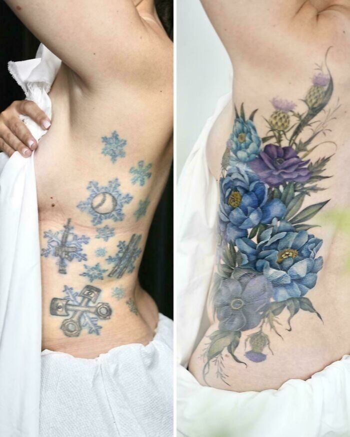 Side-by-side tattoo cover-up showing a floral upgrade over old snowflake designs on a person's side tattoo regrets