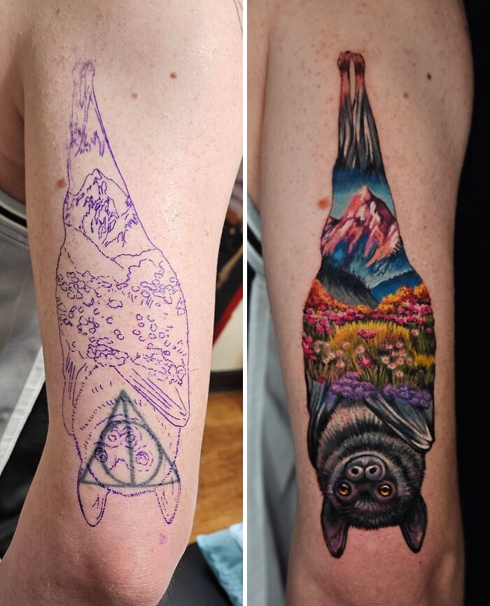 Tattoo regret cover-up showing detailed bat with mountain and floral landscape on forearm.