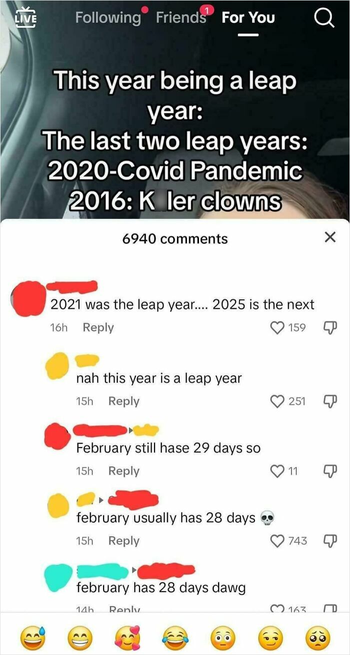 TikTok screenshot showing a debate in comments about whether this year is a leap year with incorrect statements.