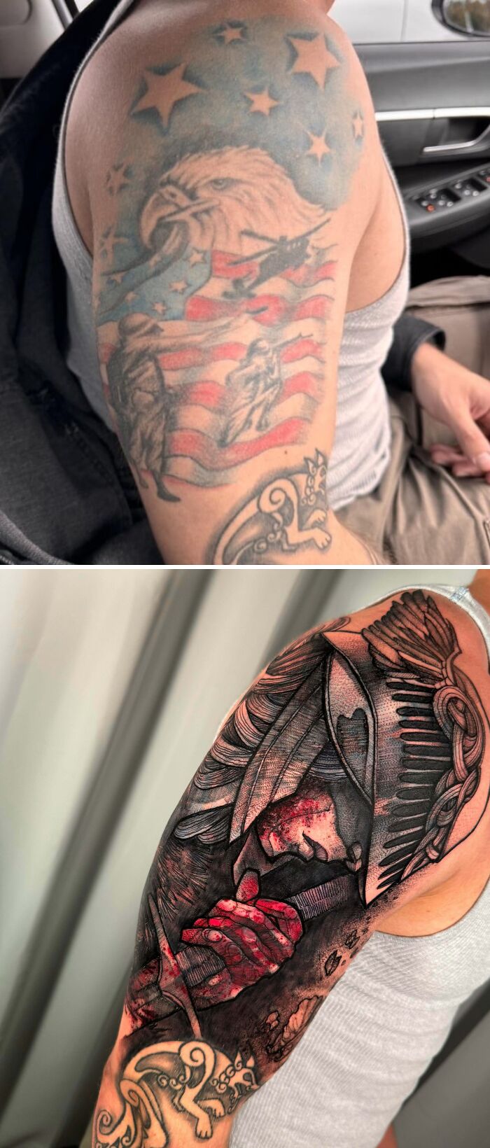 Before and after military tattoo cover-up showing major upgrade in detail and color on upper arm.
