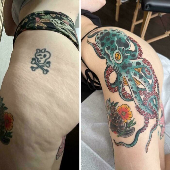 Before and after tattoo cover up showing a small skull replaced by a vibrant octopus design on thigh skin.