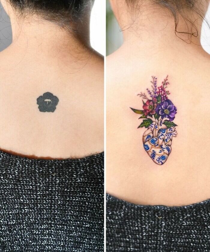 Before and after tattoo cover-up on upper back showing a floral heart design upgrade from a black flower tattoo.