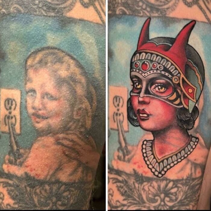 Tattoo regret cover-up transformation showing upgrade from faded portrait to vibrant warrior woman tattoo.