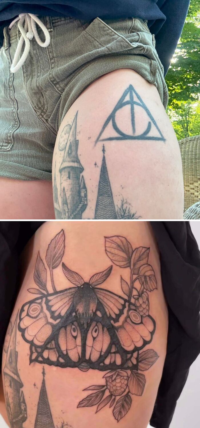 Close-up of thigh tattoos featuring a castle with moon and an upgraded butterfly design surrounded by leaves and berries.
