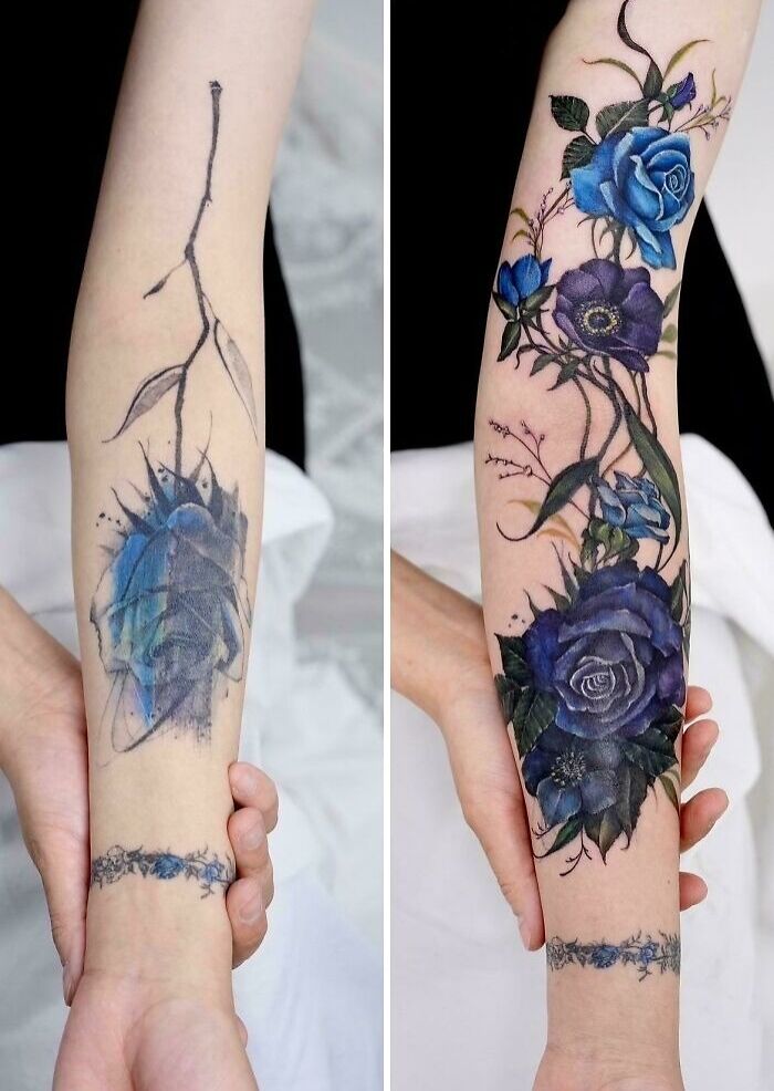Before and after tattoo cover-up of a blue floral design on forearm, showcasing major tattoo regrets upgrade.