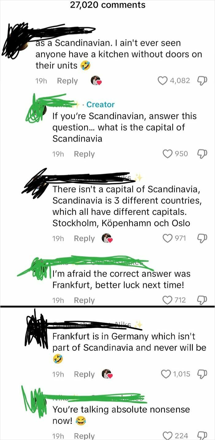 TikTok comments debating the capitals of Scandinavian countries with humorous and smart responses on geography.