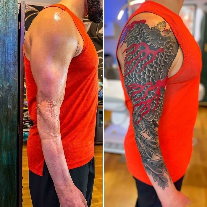 Arm tattoo cover-up transformation with detailed dragon design and red accents on a man wearing an orange sleeveless shirt.