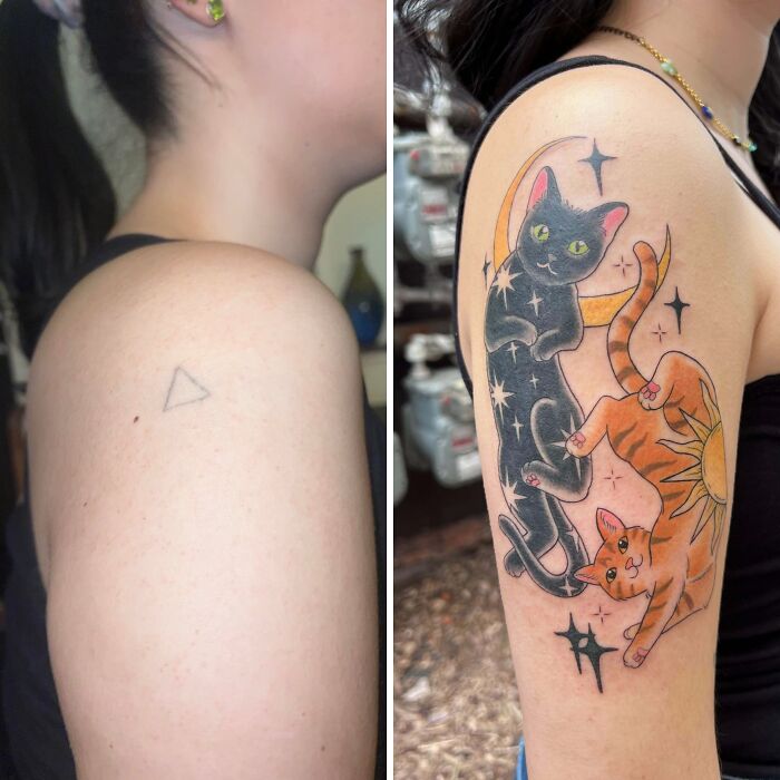 Before and after tattoo cover-up transforming a simple outline into colorful cat and sun moon design tattoo.