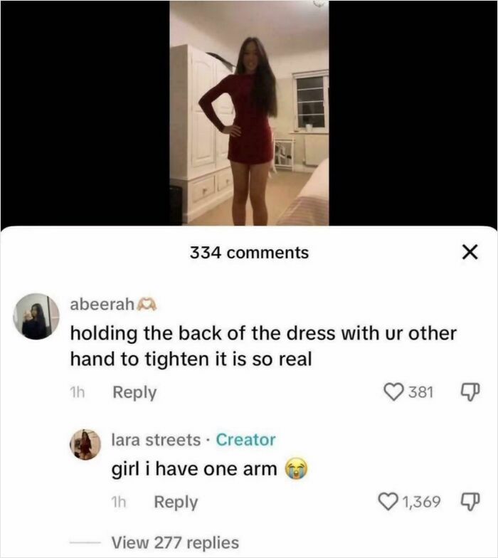 Woman in a red dress tightening it with one arm, funny comment thread showing times comments were better than the post.
