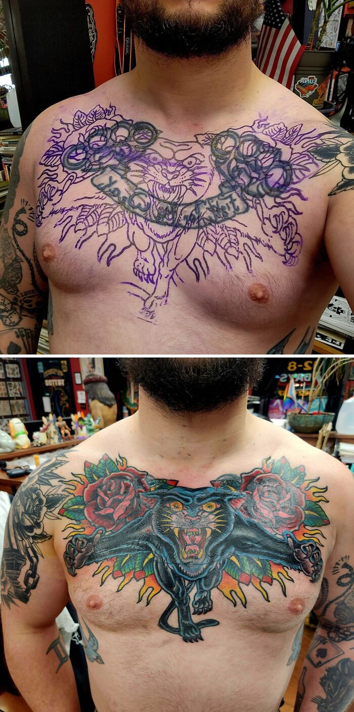 Chest tattoo regret cover-up showing a fierce panther and roses replacing old matching best friend tattoos.