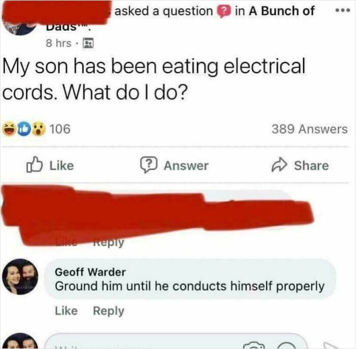 Social media comment humor responding to a parent asking for advice about a child eating electrical cords.