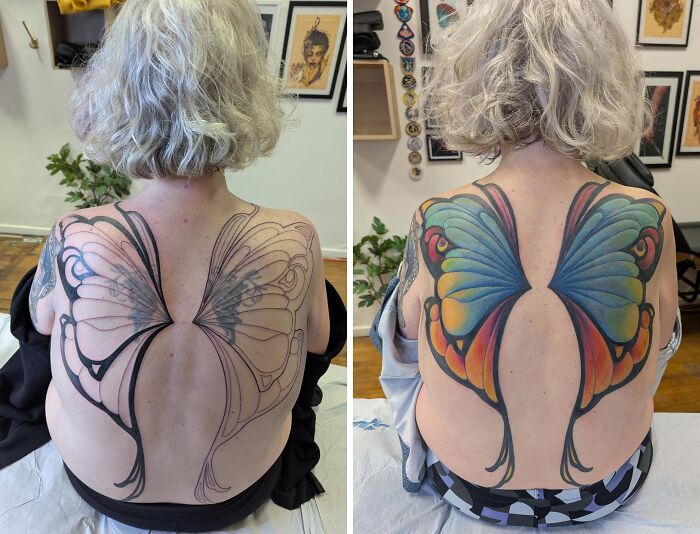 Before and after butterfly tattoo cover-up on back showcasing major tattoo regrets upgrade with vibrant colors.