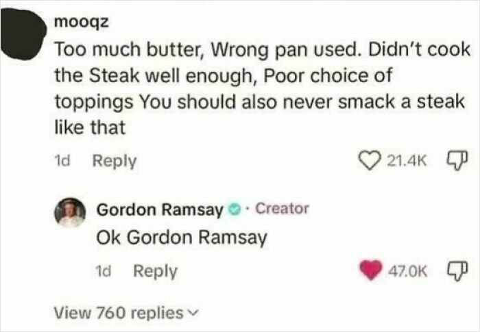 Comment criticizing steak cooking followed by Gordon Ramsay’s humorous reply, showcasing times comments were better than the post.