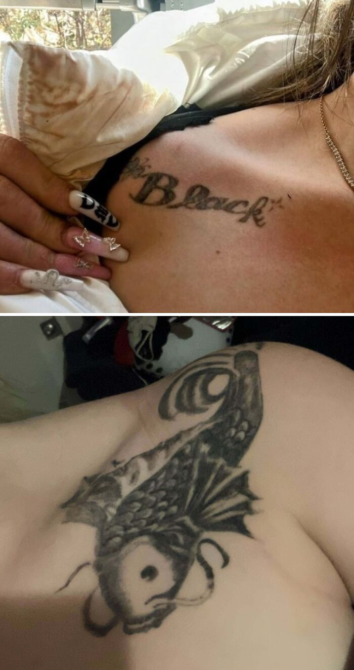 Tattoo regrets showing two different black ink tattoos on skin, highlighting major tattoo upgrades and changes.
