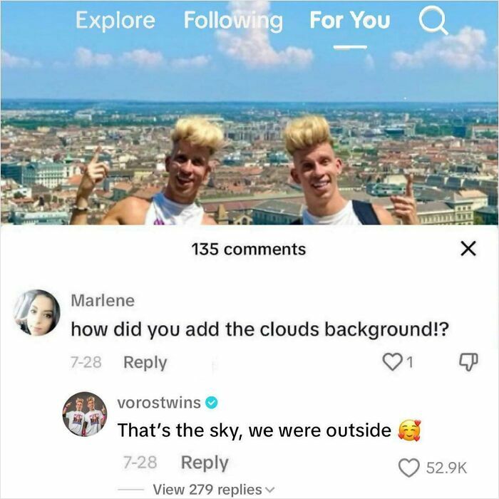 Two twins with blonde hair posing outdoors with a city and sky background, highlighting funny comments online.