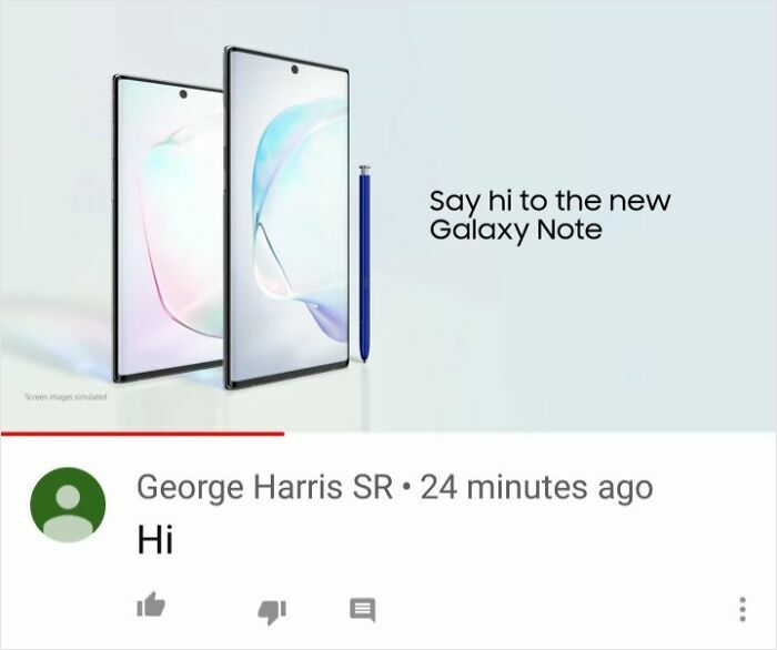 Funny comment by George Harris SR saying Hi in response to a Galaxy Note ad, showing comments better than the post.