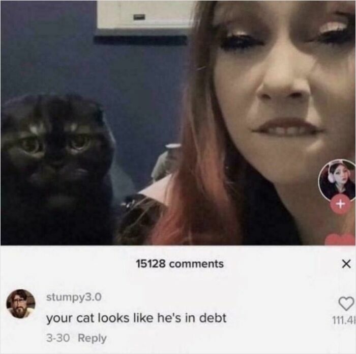 Woman biting lip while black cat looks sad, with a humorous comment about the cat adding to better comments.