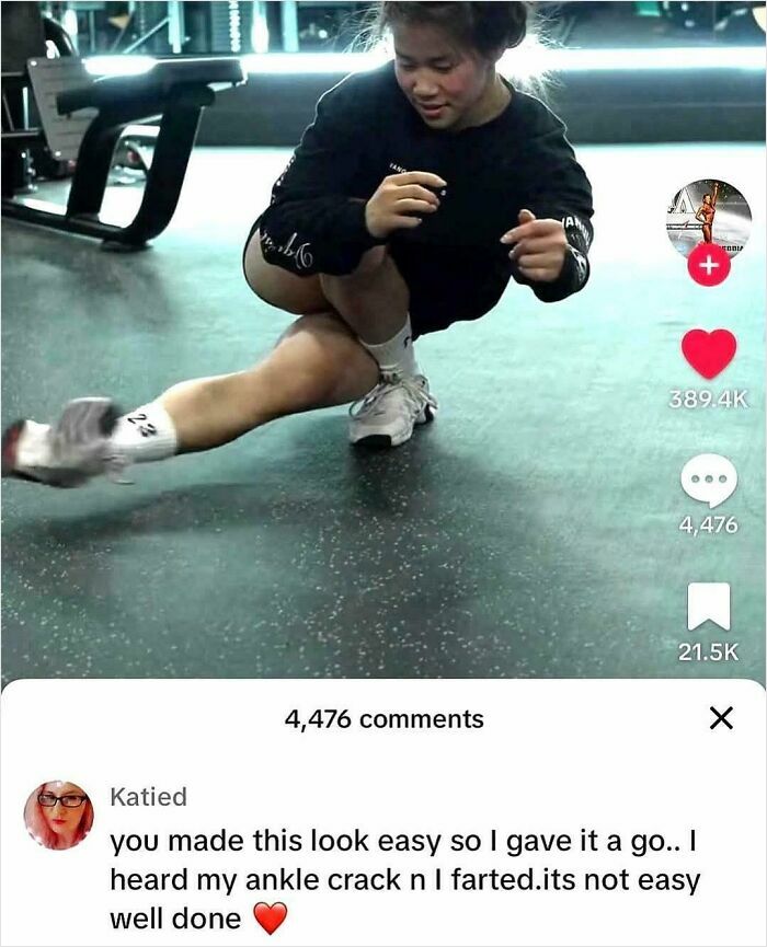 Young woman stretching in gym with funny comment highlighted, showing how comments can be better than the post.