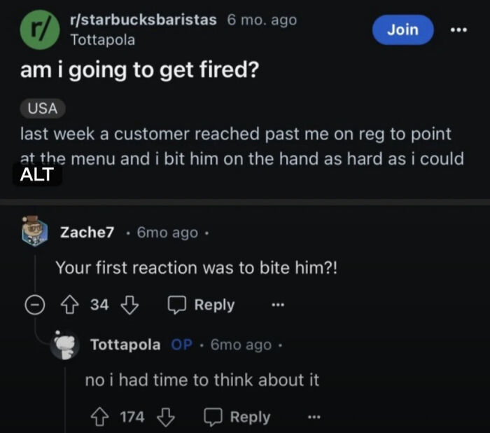 Reddit post from starbucksbaristas with a funny comment thread showing times comments were better than the post