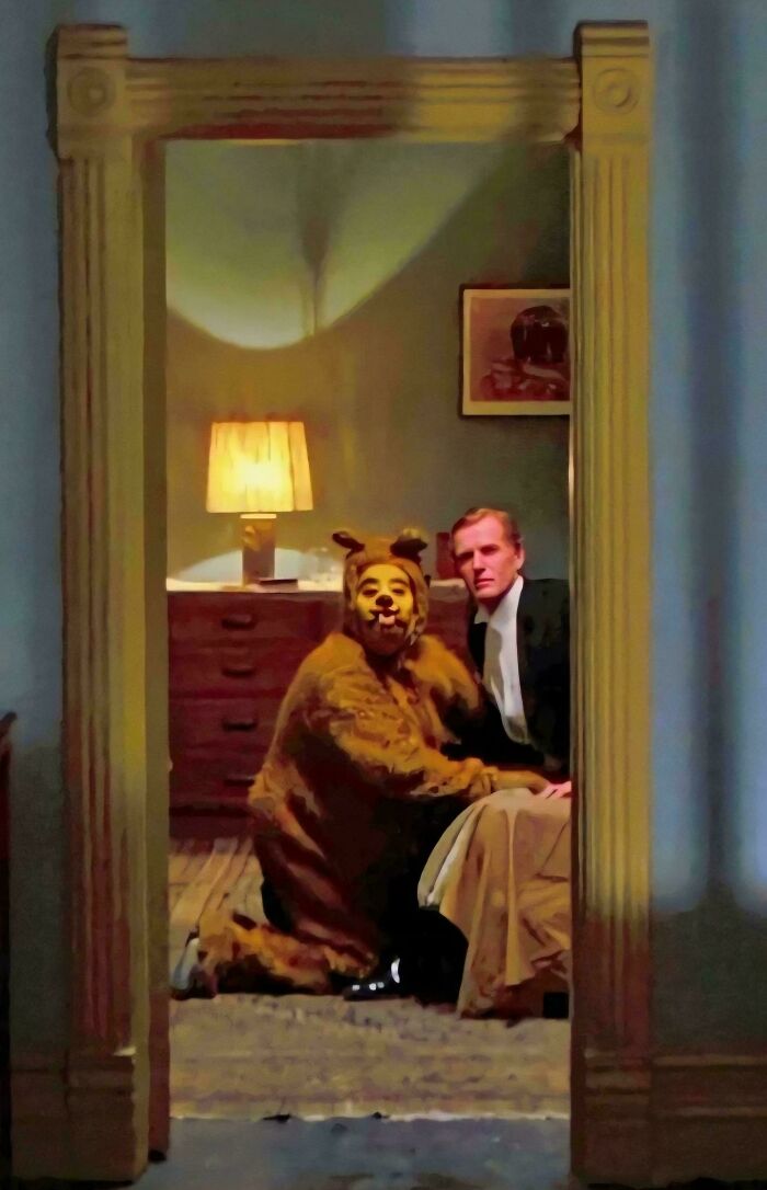 A creepy image from The Shining, featuring a man in a bear suit and a man in a tuxedo, for "Hair of Kids I Babysit".