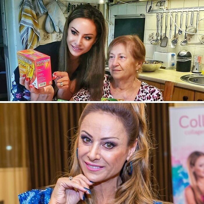 Two influencers promoting products with elderly women in a kitchen and an event setting, highlighting influencer behavior.