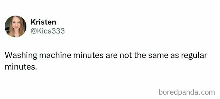 Tweet by Kristen humorously comparing washing machine minutes to regular minutes in a collection of funny British jokes and memes.