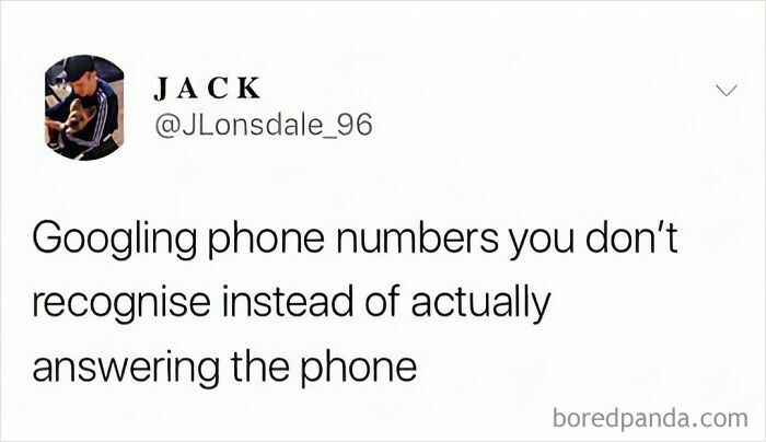 Tweet about Googling unknown phone numbers instead of answering calls, highlighting funny British jokes and memes humor.