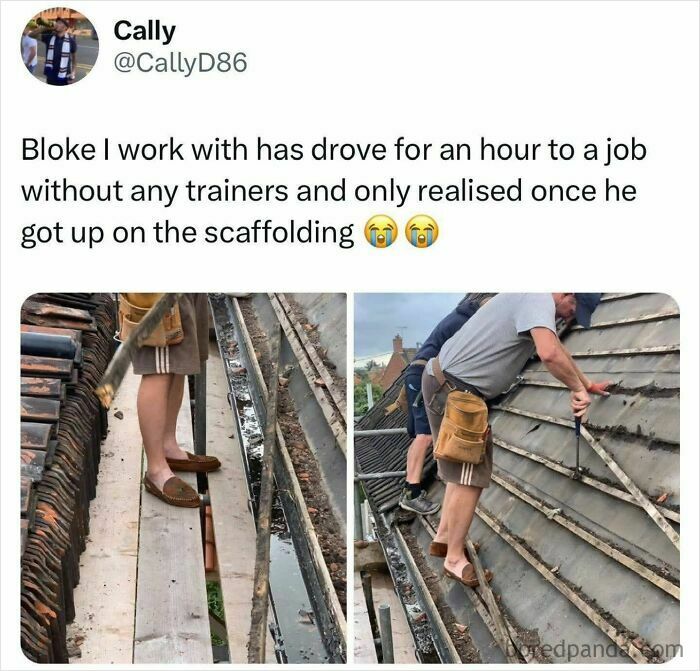 Man working on scaffolding wearing unsuitable shoes, illustrating funny British jokes and memes about everyday fails.