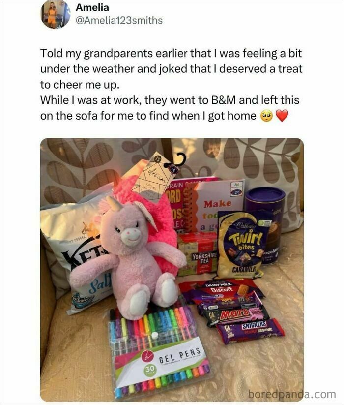 Gift package with British snacks, plush toy, colored gel pens, and Yorkshire tea, capturing funny British jokes and memes spirit.