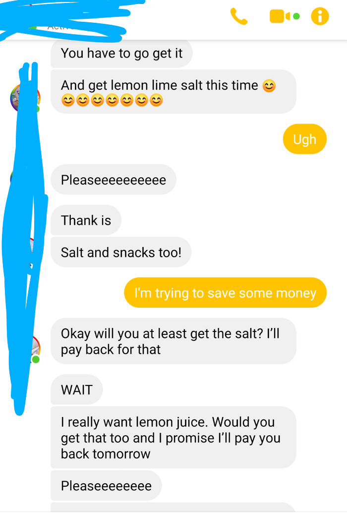 Text message conversation showing an annoying roommate repeatedly asking for snacks and promises to pay back later.
