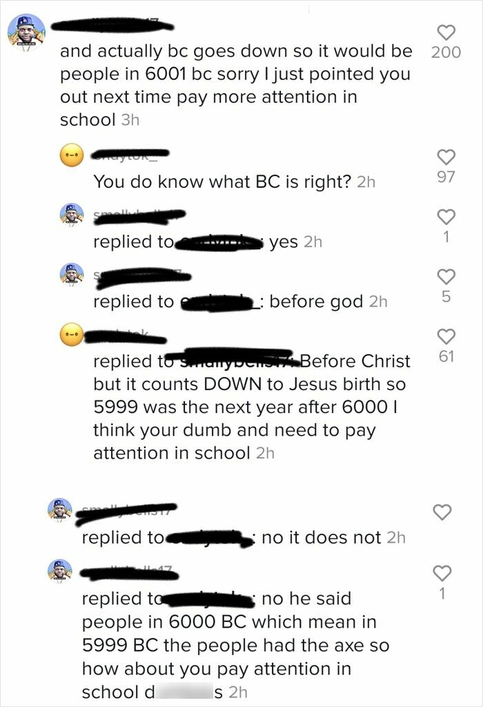 TikTok screenshot of a debate about the meaning of BC and historical dating, part of smart TikTok screenshots.