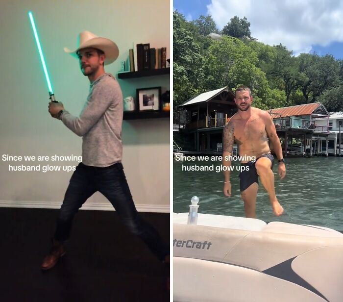 Before and after husband glow up comparison showing transformation from casual indoors to fit and confident outdoors by the water.