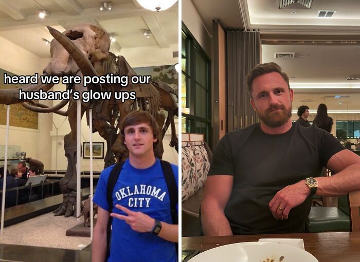 Side-by-side images showing a dramatic husband glow up transformation over the years in casual and dining settings.