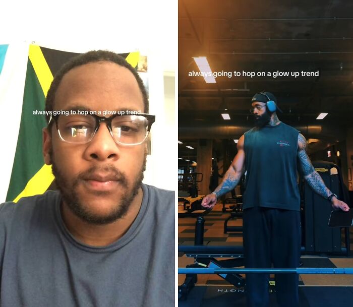 Before and after husband glow-up showing transformation from casual look to fit, tattooed man exercising in gym.