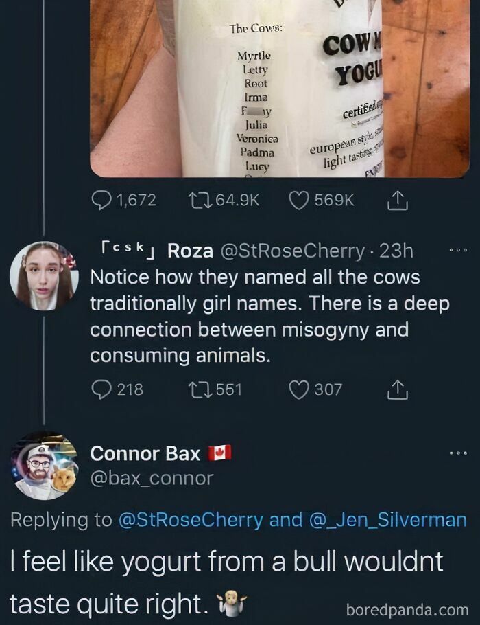 Screenshot of a social media thread showing people being way too confident but embarrassingly wrong about cow names and yogurt.