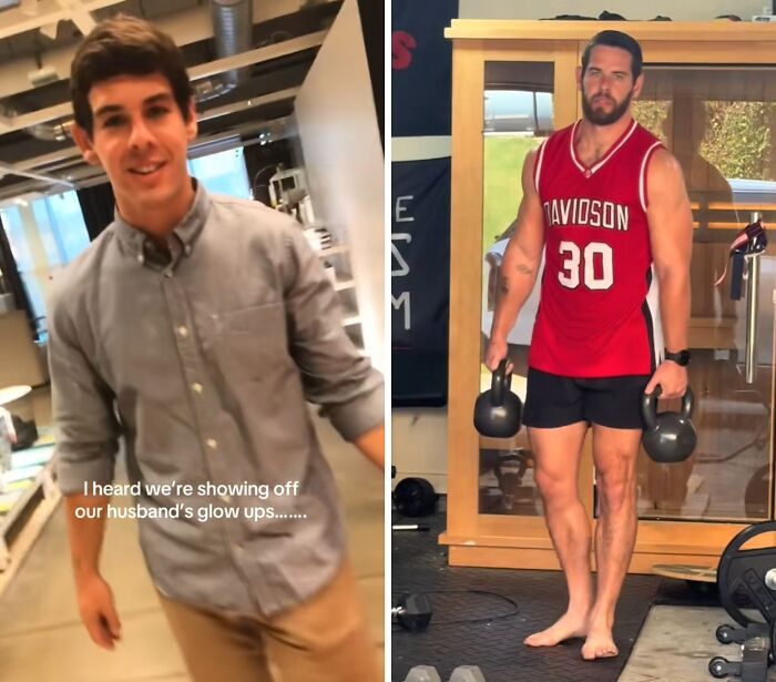 Before and after husband glow-up transformation, showing fitness and style improvement with kettlebells and casual wear.