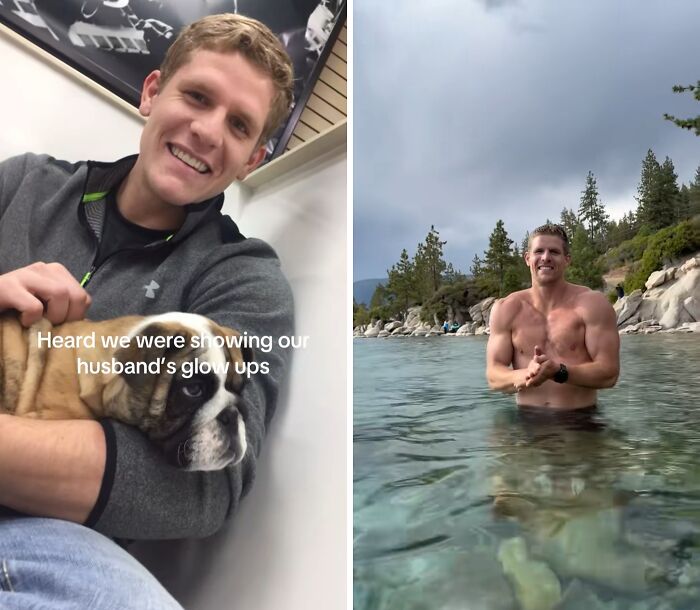 Before and after husband glow-up transformation showing a smiling man with a dog and fit in water outdoors.