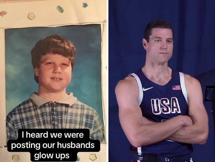 Side-by-side husband glow-up comparison showing transformation from childhood to athletic adult in USA jersey.