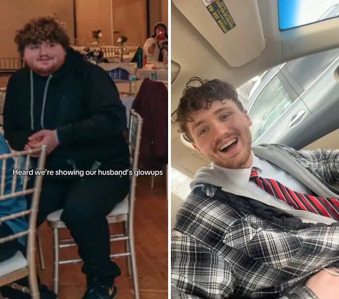 Before and after husband glow-up transformation showing a man’s dramatic weight loss and styled appearance.