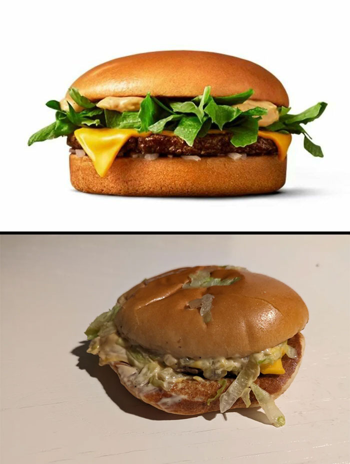 Cheeseburger purchased based on a picture vs. the disappointing reality of the actual food received.