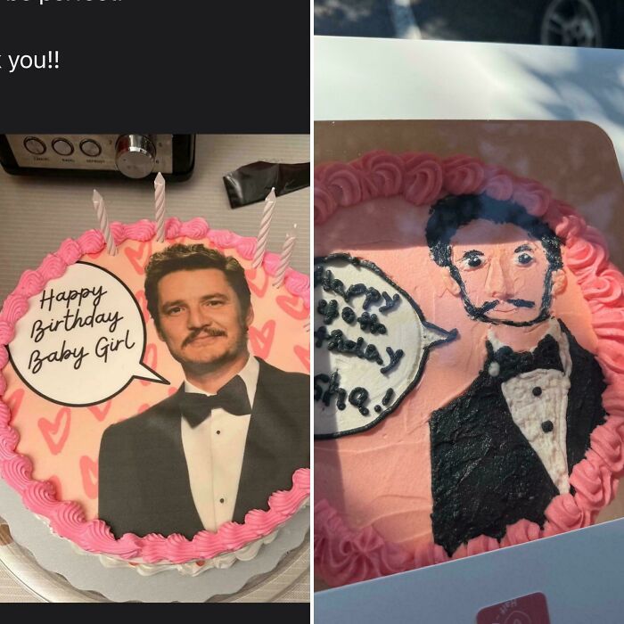 Birthday cake fail showing difference between purchased picture cake and the unexpected result in 109 times purchased based on picture.