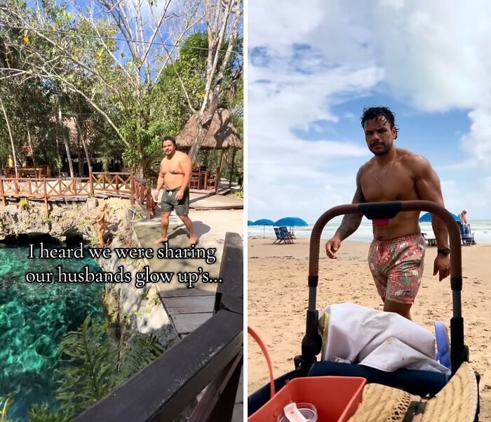 Before and after husband glow-up photos showing a man with improved fitness and confidence at the beach and poolside.