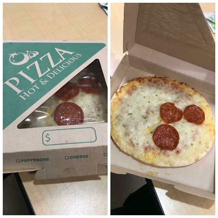 Box showing a few pepperoni on pizza image versus actual pizza with only three pepperoni, a classic purchase based on picture fail.